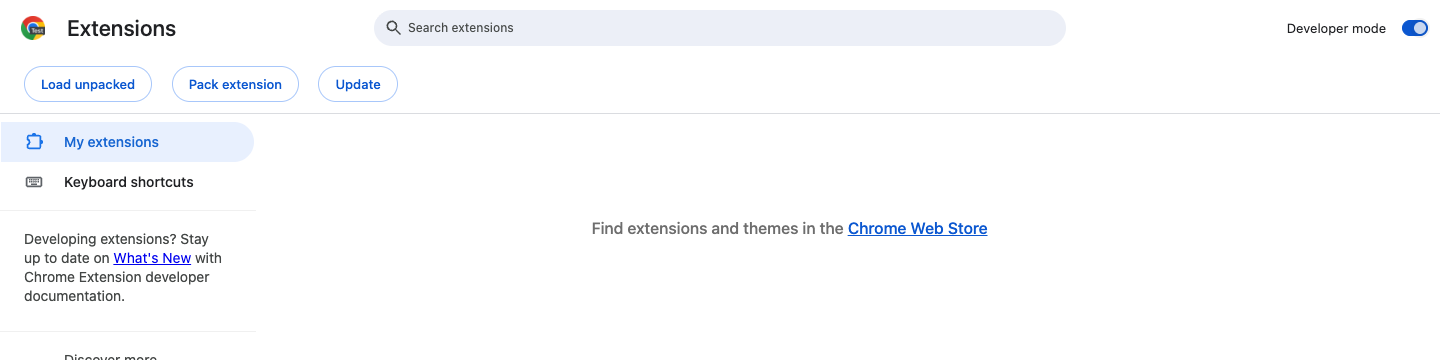 Chrome’s Extensions page with Developer mode at the top right and Load unpacked at the top left.