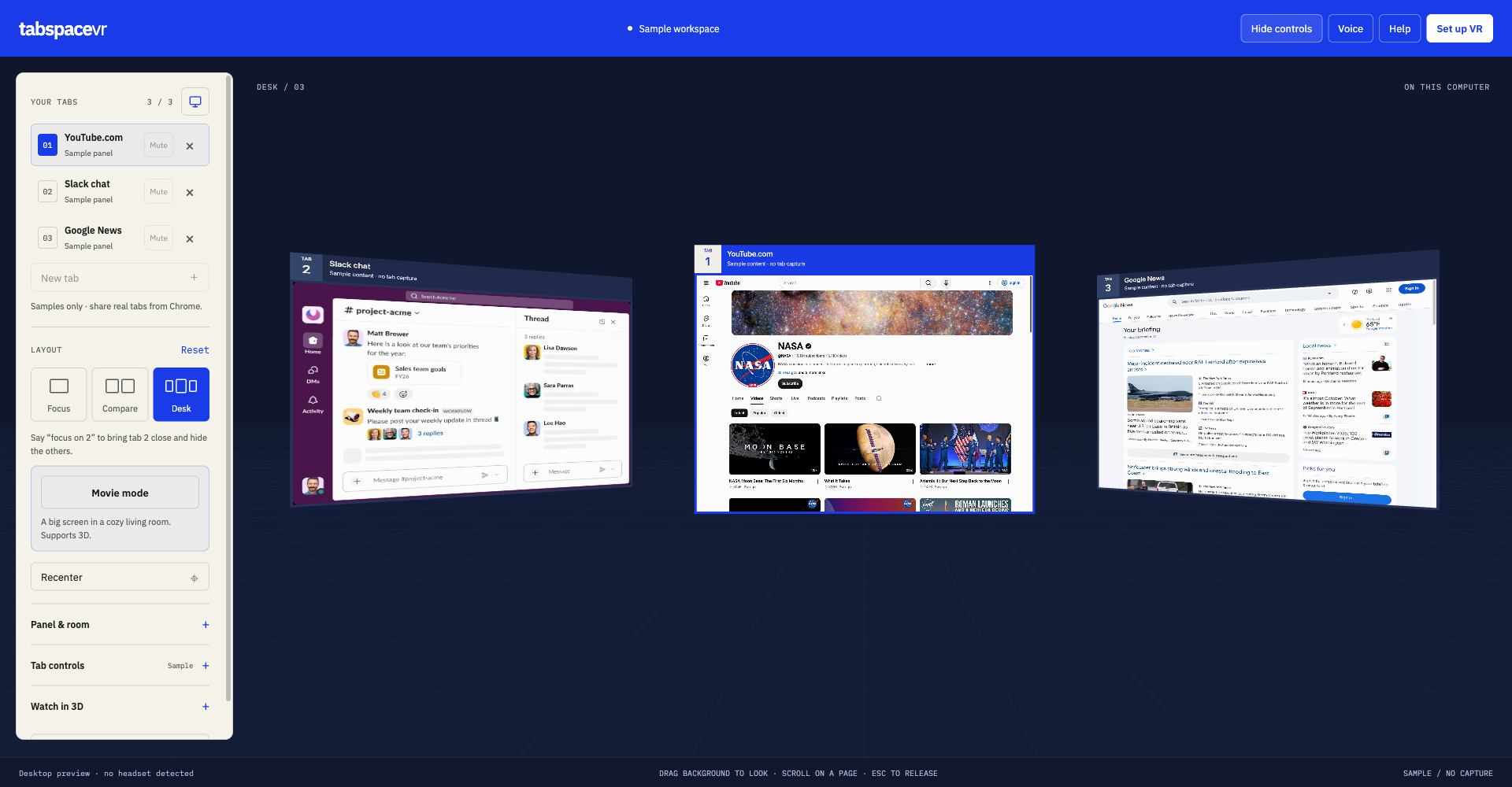 TabSpace in Desk layout with three tabs visible at once: a sample Slack chat, YouTube.com, and a Google News feed.